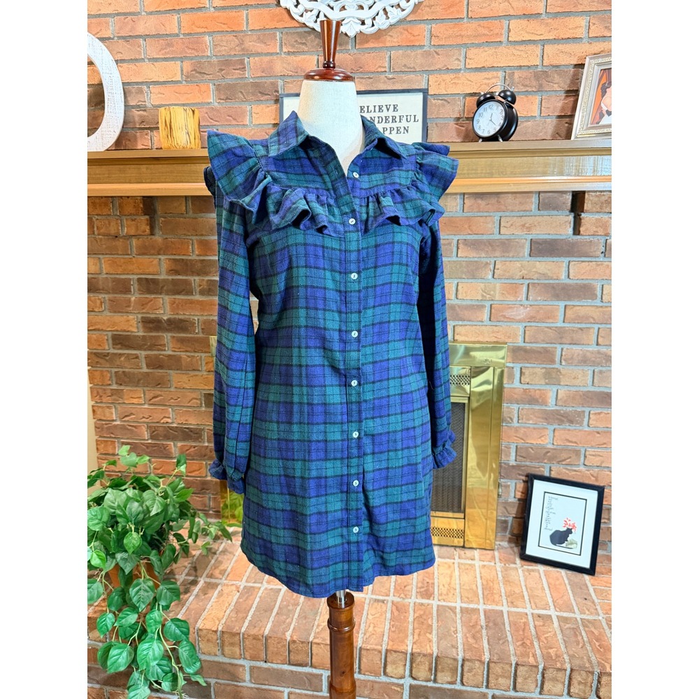 Blue Rain Plaid Shirt Dress Womens Green Blue Ruffle Flannel Large